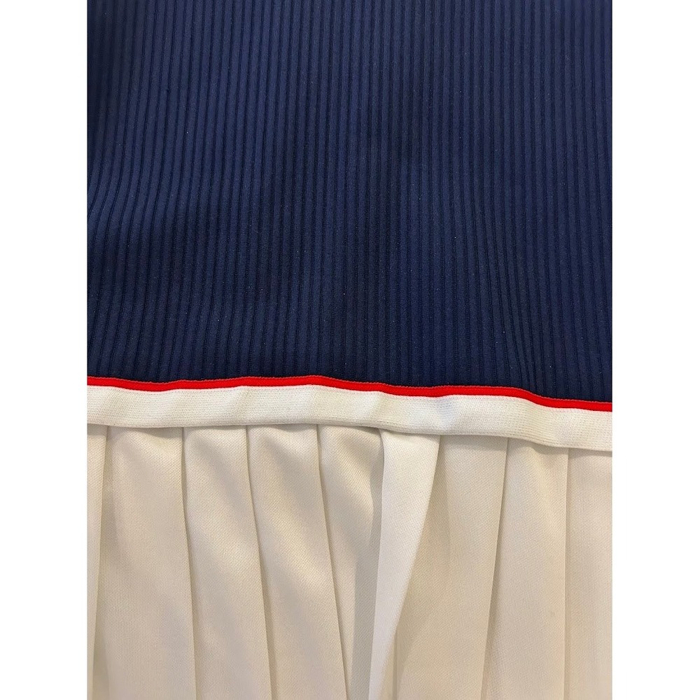 Vintage 1970s Leslie Fay Navy Blue White Pleated Knit Dress Red Trim V-Neck - Picture 13 of 15
